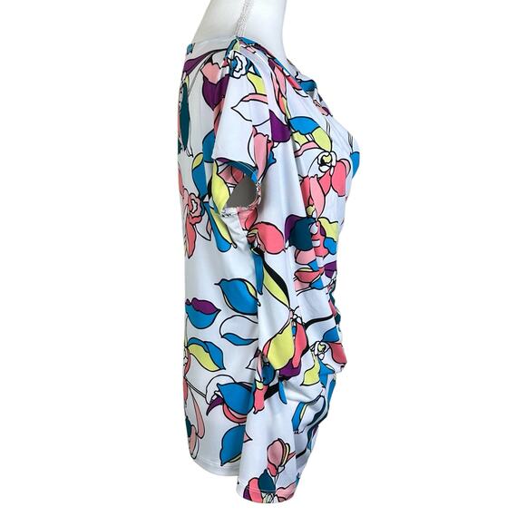 Worthington Top Women Large White Blue Yellow Floral Cowl Neck Draped Stretch - Picture 4 of 10